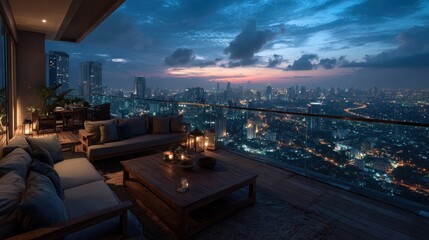 Luxury apartment balcony at night overlooking the cityscape with glowing skyline