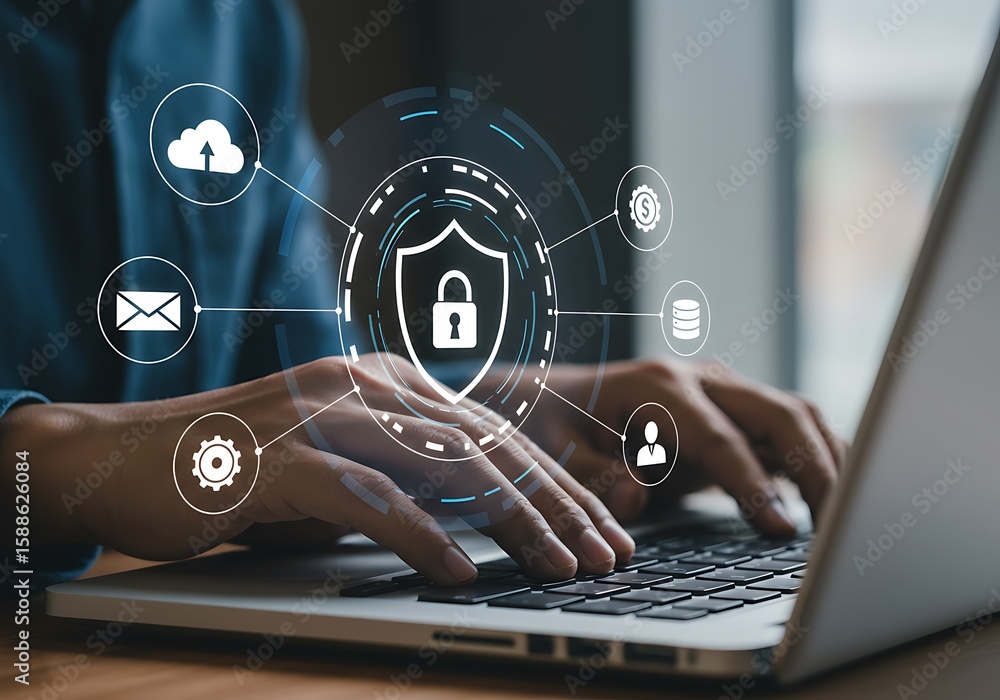 Poster hands of a person typing on a laptop with digital security and cybersecurity concepts