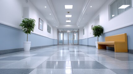 Biometric access for healthcare, A clean, empty hospital corridor with polished floors, potted plants, framed pictures, and a wooden bench along the wall under bright overhead lighting.