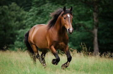 A brown horse with black feet galloping in the green grass, horse