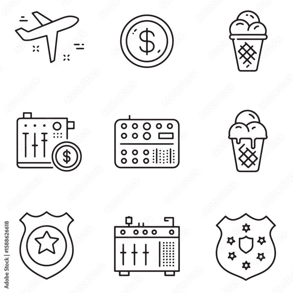 Poster collection of simple vector icons representing various concepts and symbols in outline style