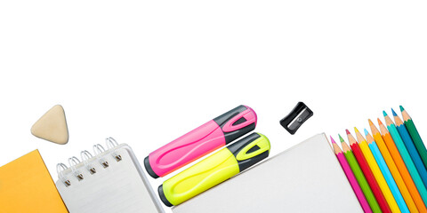Bright school supplies on a blue background. The back to school concept