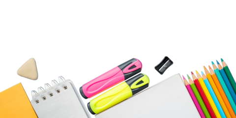 Bright school supplies on a blue background. The back to school concept