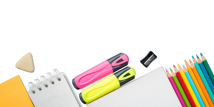 Bright school supplies on a blue background. The back to school concept