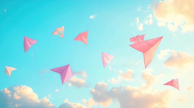 Colorful kites soaring through a bright blue sky on a sunny day