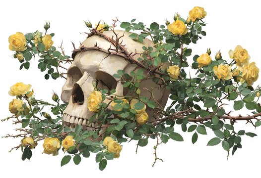 Human skull in wild rose bushes on isolated background for designers, marketers and IT. Popular abstraction, background, illustration, object, symbol, texture. Flowers, natural space for text.