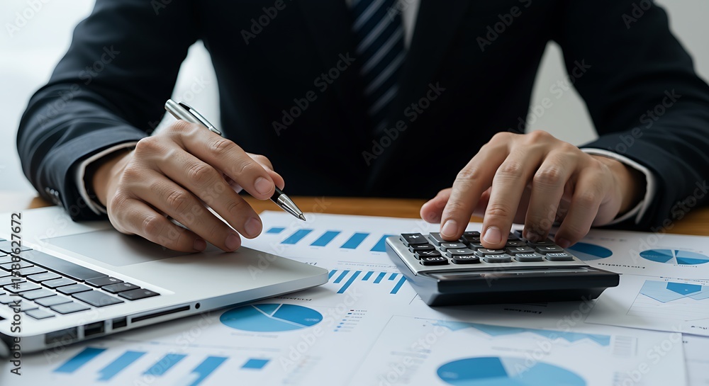 Poster financial analyst working with graphs and calculator calculating data and analyzing business reports