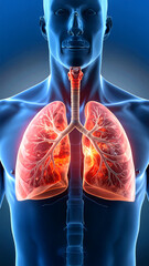 Detailed medical illustration of human lungs with bronchial tree and glowing alveoli inside male chest, highlighting respiratory anatomy and health. AI Generative Image.