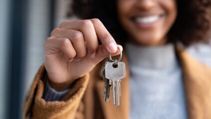 Happy homeowner proudly displays new house keys, beaming with joy and excitement over homeownership.