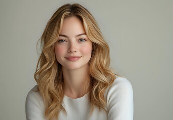 Fototapeta premium Young Caucasian woman with blonde wavy hair and natural makeup wearing white sweater smiling at camera against neutral background, professional headshot style portrait.