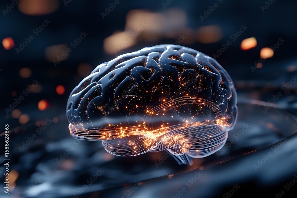 Poster glowing translucent brain with orange light sparks and neural connections on dark background illustr