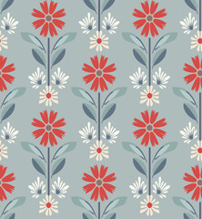 Floral Pattern Red and White flowers Motif Grey blue background.