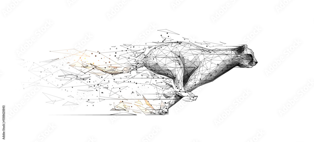 Poster abstract digital low poly wireframe cheetah in running motion. technology speed innovation concept. 