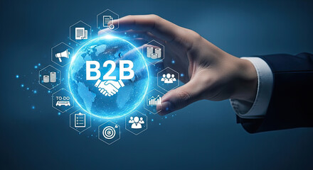 B2B Business Partnership Concept: Hand Holding Digital Globe with Icons. Illustrates Collaboration, Strategy, and Growth in the Modern Marketplace