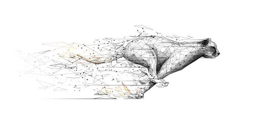 Abstract Digital Low Poly Wireframe Cheetah in running motion. Technology Speed Innovation Concept. Fast Cat with Connected Dots, Lines, Triangles, and speed particles. Digital Vector Illustration. © AntonKhrupinArt