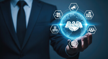 B2B Business Solutions: Businessman Holding Digital Globe with B2B Icons for Strategy, Partnership, and Growth in Global Commerce and Networking