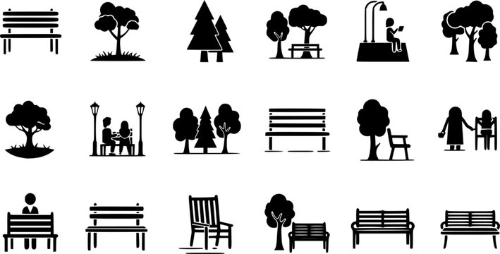 vector set of Park Icon Set. garden park minimalist with chair and tree, Open space black glyph icon. Public park with bench to sit. forest and bench vector icons