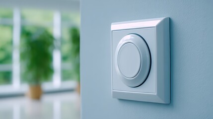 Biometric access for healthcare, A modern, circular dimmer switch installed on a light blue wall, with a blurred indoor plant and window in the background.