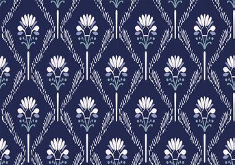 Seamless floral pattern with white minimalist flower motifs on a deep navy blue background.