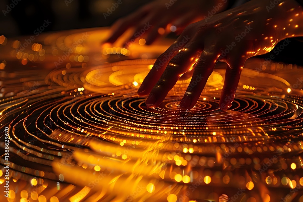Poster mysterious glowing spiral pattern with hand silhouette casting shadows in warm golden light creates 