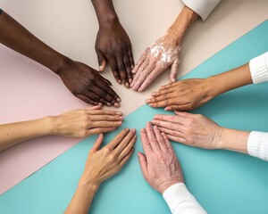 A diverse group of hands in various skin tones arranged on a colorful background. The hands show different ages and genders, symbolizing unity and collaboration.