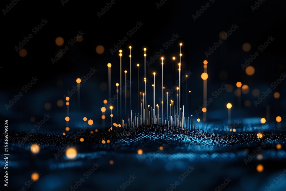 Poster glowing golden light points rise from shimmering blue particles against dark background, creating fu