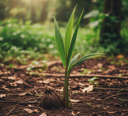 Coconut tree shoots grow from old coconuts that have split open on the forest floor. The leaves are young, slender, and fresh.