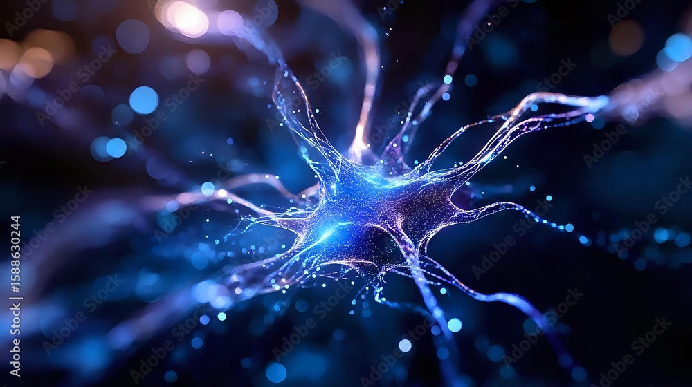Poster glowing blue neuron cell with synaptic connections on dark background, illuminated dendrites and axo