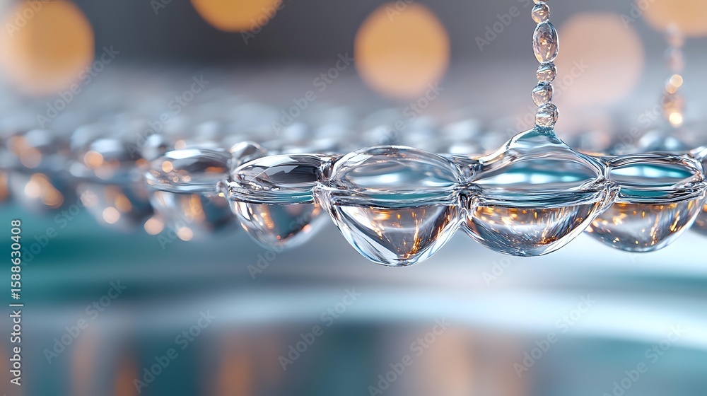 Aufkleber macro photography of water drops forming chain on surface with bokeh lights in background. crystal c