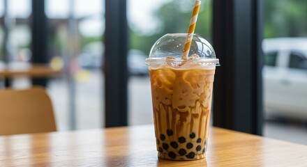 Iced boba tea with tapioca pearls, served in a plastic cup with straw near window.