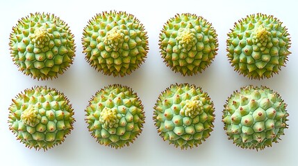 Fototapeta premium Fresh green durian fruits arranged in two rows on white background, exotic tropical Asian fruit with spiky shell and distinctive aroma, isolated food photography.