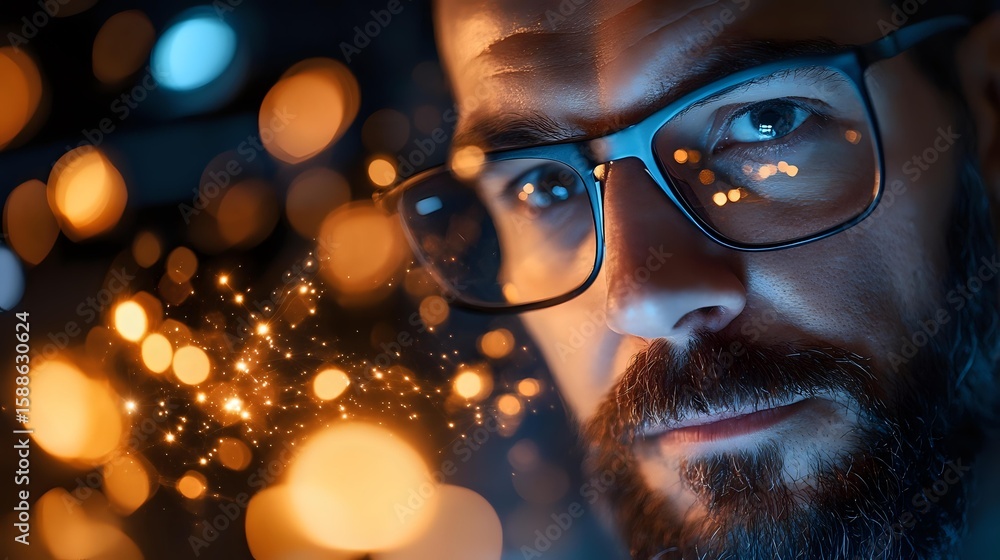 Poster bearded man in glasses illuminated by warm bokeh lights creating magical atmosphere with glowing par