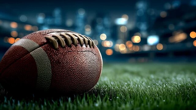 Close up of football on grass in stadium