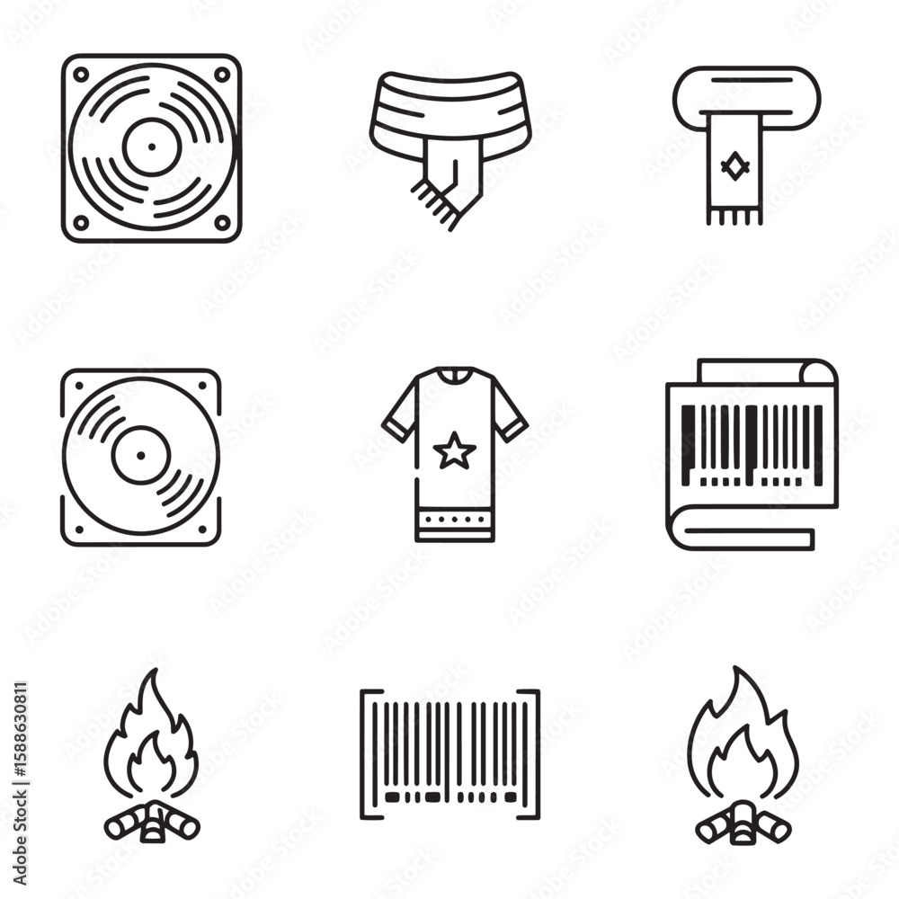 Poster set of minimalist line art icons representing diverse objects and symbols