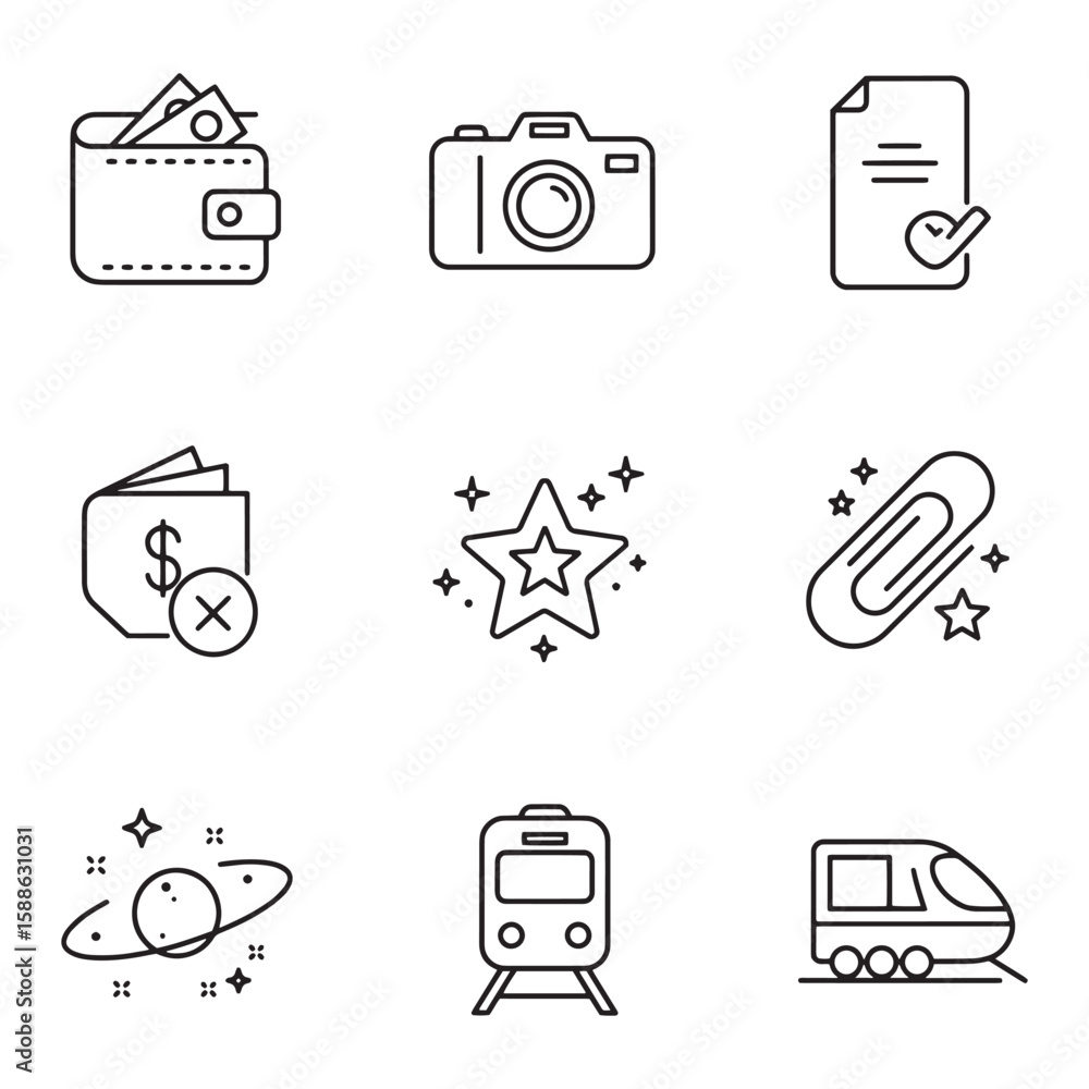 Poster set of minimalistic linear icons representing diverse concepts and subjects in black and white