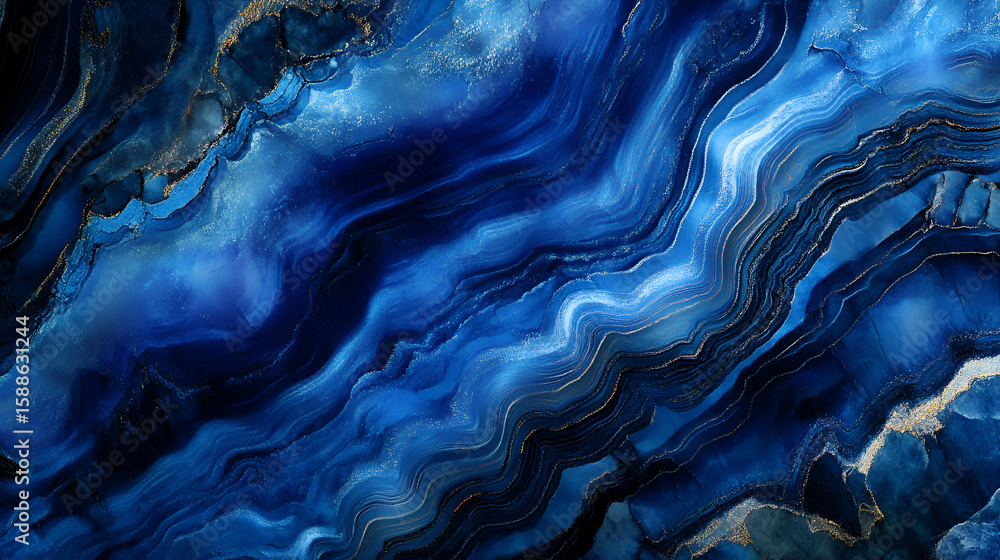 Poster flowing blue and gold abstract art with wavy patterns and textures