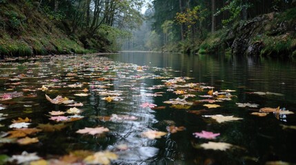 Autumn leaves on a calm river in a forest