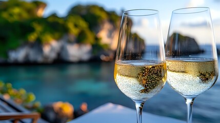 Two glasses of chilled white wine with bubbles against blurred tropical beach background, luxury summer vacation lifestyle and romantic date concept.