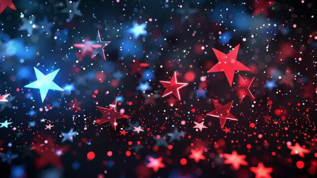 Falling red and blue stars, shimmering glitter particles, and bokeh lights on a dark background. Holiday animation.