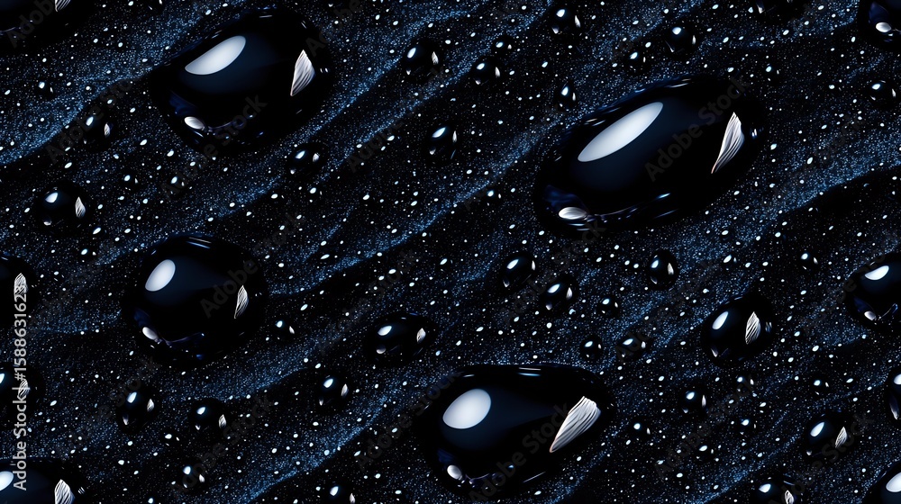 Poster shiny black water drops on dark blue textured surface with scattered tiny droplets creating dramatic