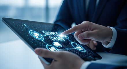 Supply Chain Management on Tablet: Businessman Analyzing Logistics and Distribution Network, Optimizing Operations for Efficiency and Global Reach