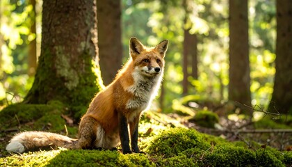 Obraz premium Red fox in a sunlit forest (2)