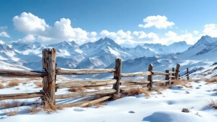 Serene Winter Landscape with Wooden Fence and Majestic Mountain Range
