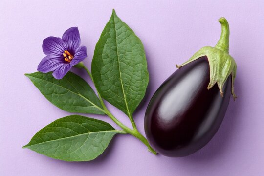 Fresh eggplant with flower and leaves on purple background - Powered by Adobe