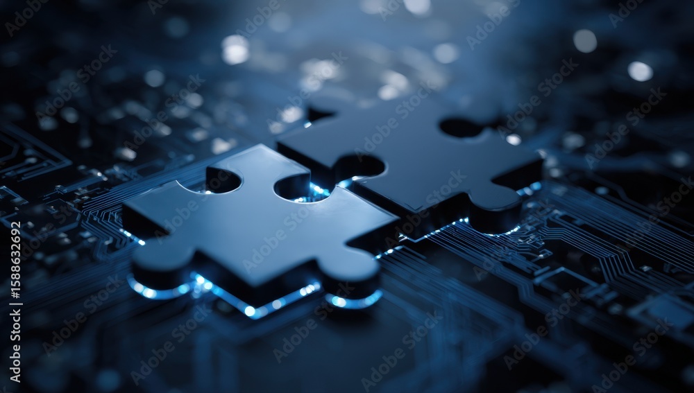 Poster interlocking puzzle pieces rest on a glowing circuit board, symbolizing technological innovation and