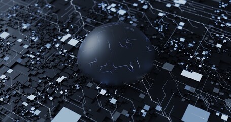 Futuristic AI Brain on Digital Circuit Board with Data Flow