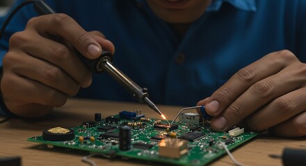 Close-up of technician soldering electronic components on a printed circuit board