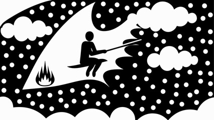 Silhouette of person on broomstick with fire and clouds against polka dot background illustration