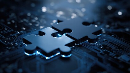 Interlocking puzzle pieces rest on a glowing circuit board, symbolizing technological innovation and seamless integration.