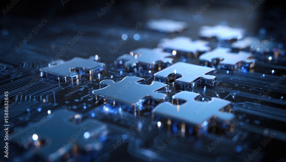 Poster interlocking metallic puzzle pieces rest on a futuristic circuit board, symbolizing technological in